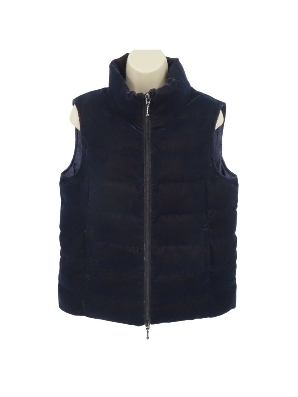 Anorak Womens Small Velvet Down Vest Dark Blue Full Zip Puffer Winter Sleeveless